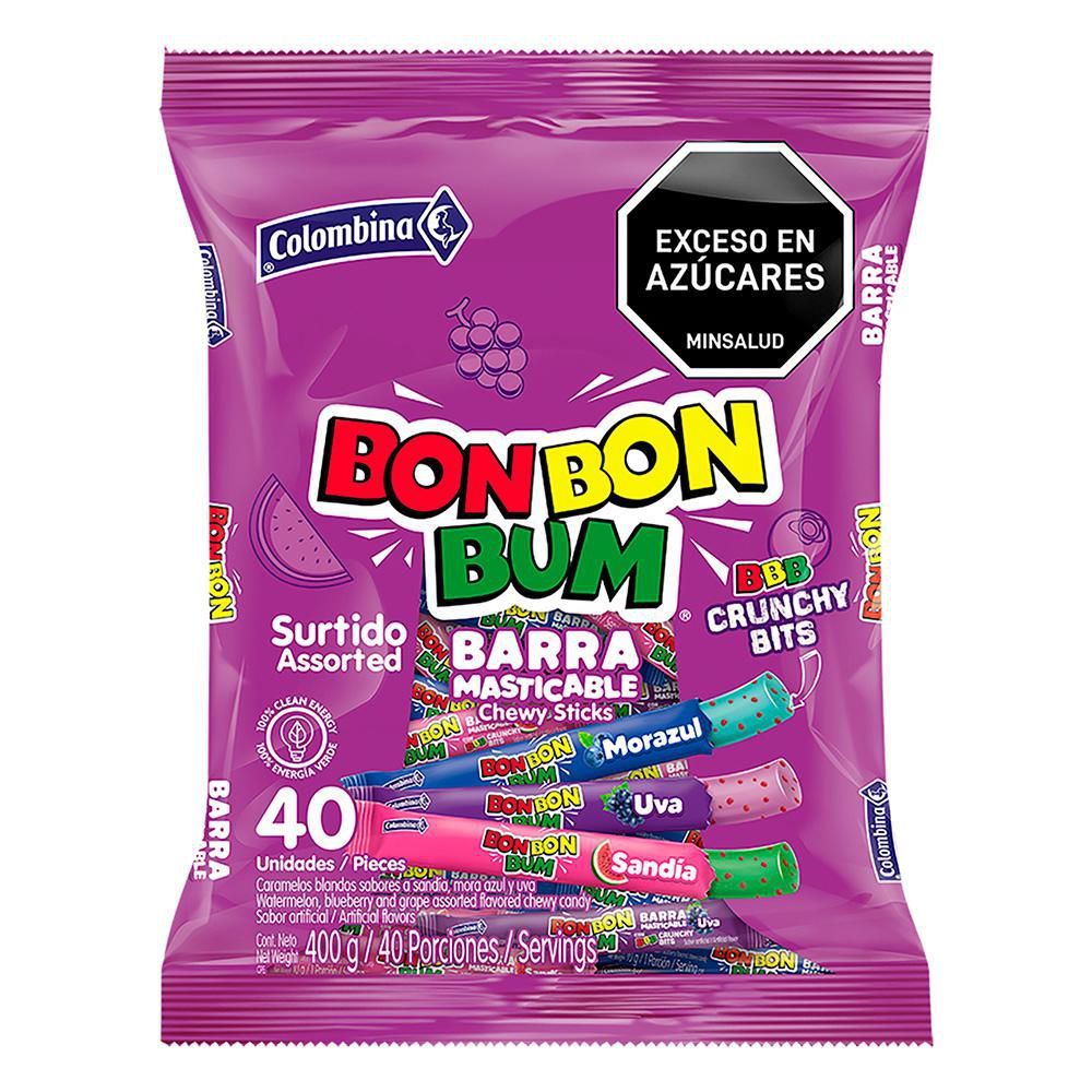 Imagen de Barra masticable BON BON BUM sabor a sandía mora azul y uva (400  gr)