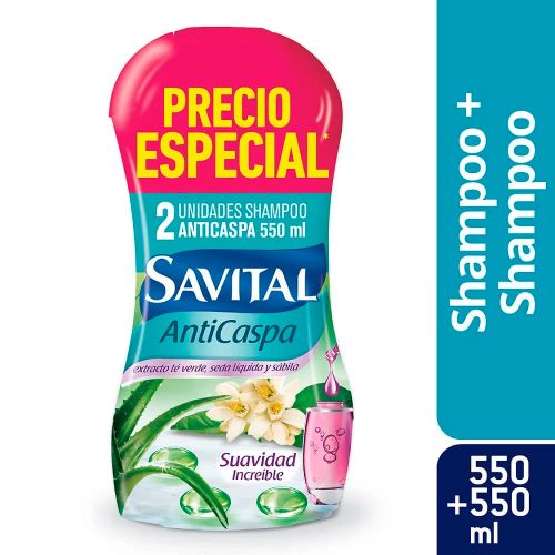 Imagen de Shampoo SAVITAL anticaspa te verde seda liquida 2 unds x550 ml precio especial