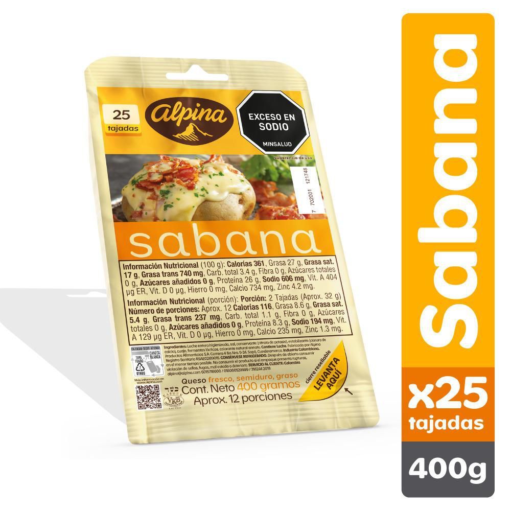 Imagen de Queso Sabana ALPINA 25 tajadas   (400  gr)